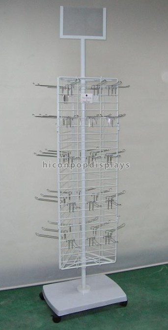 Вращая белые деревянные стеллаж для выставки товаров/выставочная витрина обтекателя втулки с крюками металла